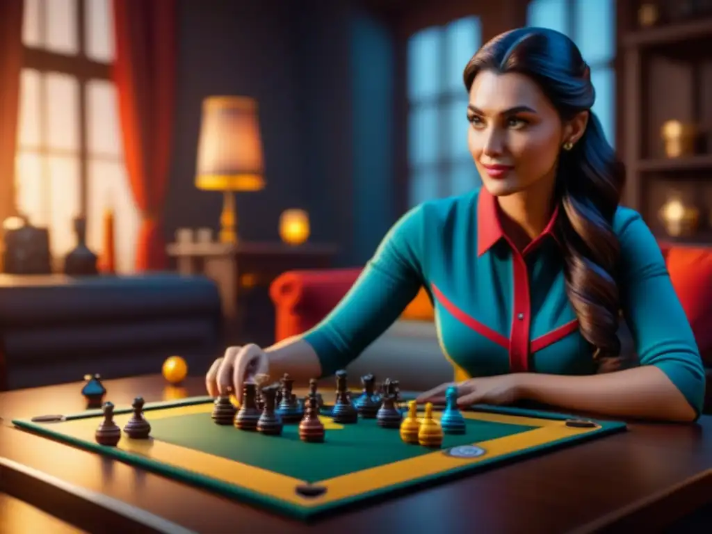 Jugadores inmersos en emocionante juego de mesa en acogedor salón Una imagen cautivadora de una partida de juegos de mesa en una acogedora sala iluminada, mostrando la estética juegos de mesa renacimiento