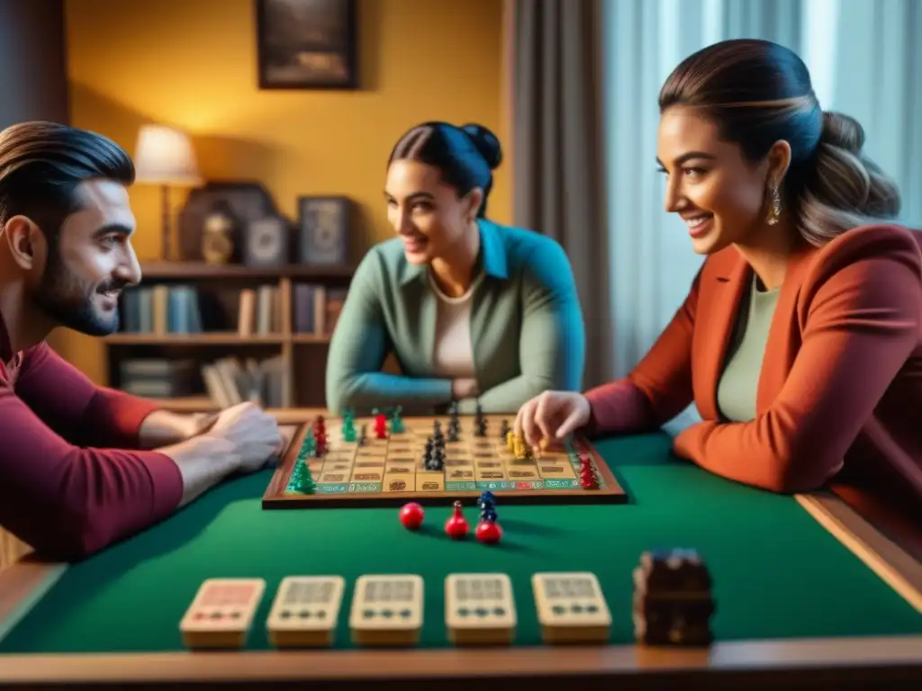 Una imagen detallada de amigos disfrutando de un juego de mesa en una sala acogedora