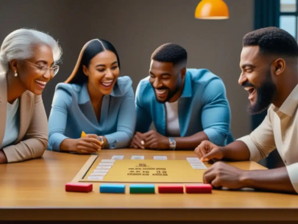 Una imagen detallada de diversa gente de distintas edades y orígenes disfrutando el juego de Pictionary juntos