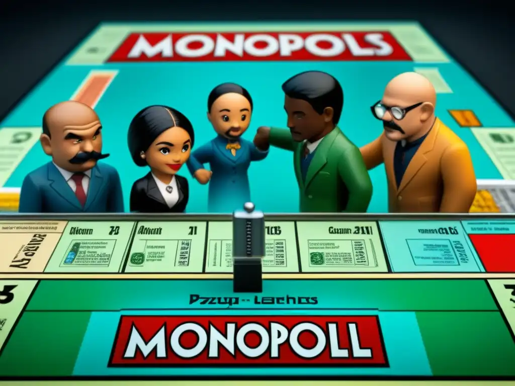 Una imagen detallada de diversidad en juego de Monopoly alrededor del tablero, reflejando emoción y competencia