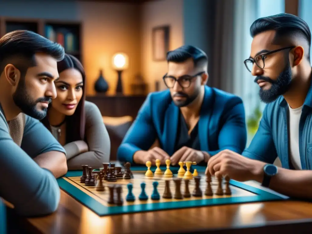 Juego estratégico: diversión y concentración en comunidad Una imagen detallada de un grupo diverso de entusiastas de juegos de mesa construyendo comunidad mientras disfrutan de una partida estratégica intensa