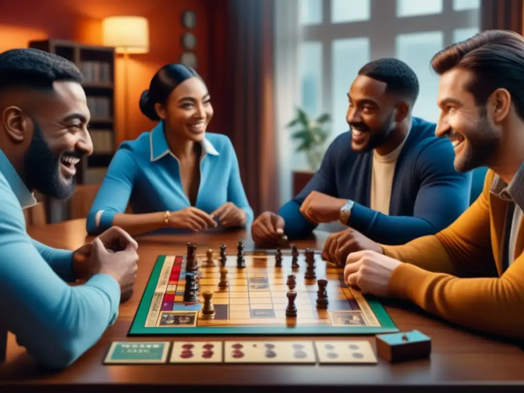 Partida de juego de mesa: diversidad y camaradería Una imagen detallada de personas diversas disfrutando de un juego de mesa, reflejando alegría y camaradería en un ambiente acogedor y cálido, resaltando el impacto positivo de los juegos de mesa en la paz y la diversidad