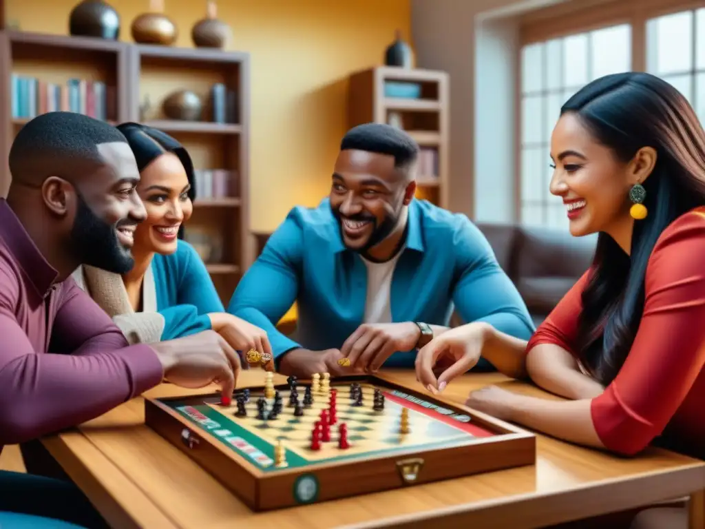 Una imagen detallada de personas diversas de diferentes edades y etnias jugando un juego de mesa juntos en una sala moderna llena de juegos