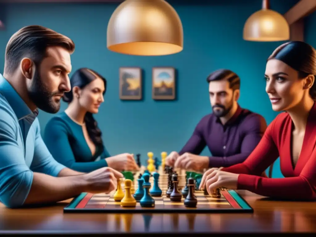 Una imagen detallada de personas jugando juegos de mesa, revelando personalidades en un ambiente de diversión y concentración
