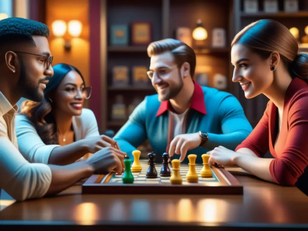 Una imagen detallada y vibrante de una audiencia ideal disfrutando de juegos de mesa en un acogedor café de juegos