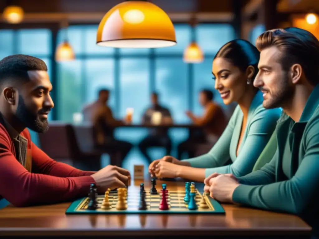 Una imagen que muestra la diversidad y camaradería en un café de juegos de mesa, resaltando los beneficios psicológicos de los juegos de mesa