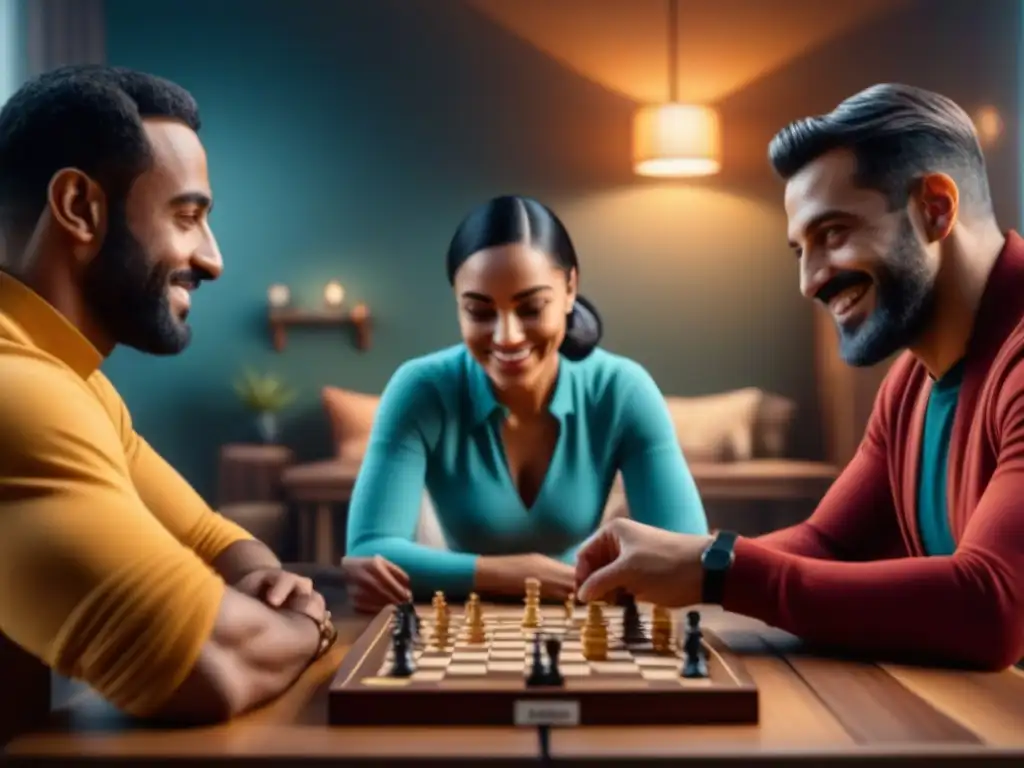 Una imagen de diversidad y camaradería en una partida de juegos de mesa, destacando el impacto positivo en el bienestar