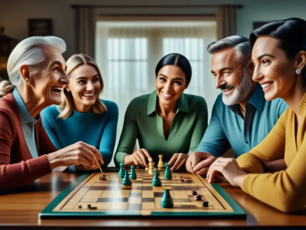 Emociones familiares: Juego de mesa tradicional une generaciones Imagen familiar: generaciones unidas jugando juegos de mesa tradicionales, expresando alegría y concentración