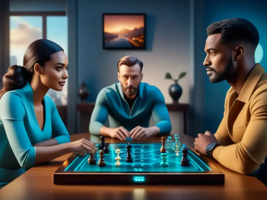 Una imagen futurista de personas de diversas edades y orígenes jugando un juego de mesa con Inteligencia Artificial