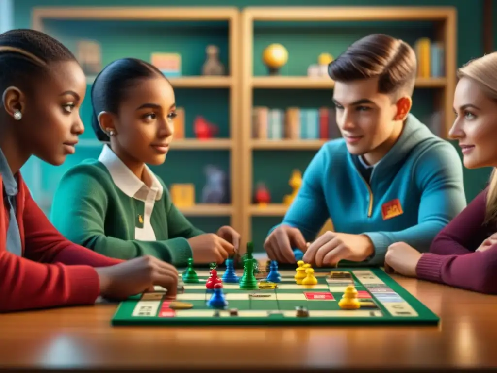 La imagen muestra el impacto educativo de los juegos de mesa en niños, fomentando habilidades sociales y cognitivas en un aula escolar