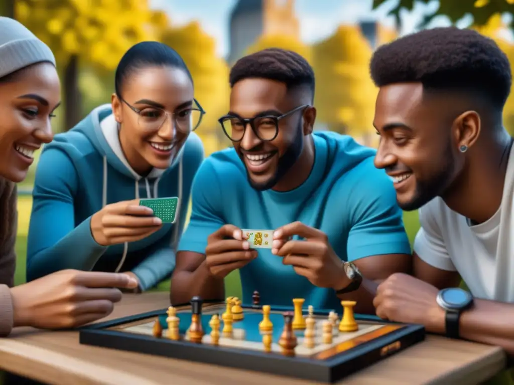 Una imagen inclusiva de personas disfrutando de un juego de mesa móvil en el parque, destacando la diversidad y la accesibilidad