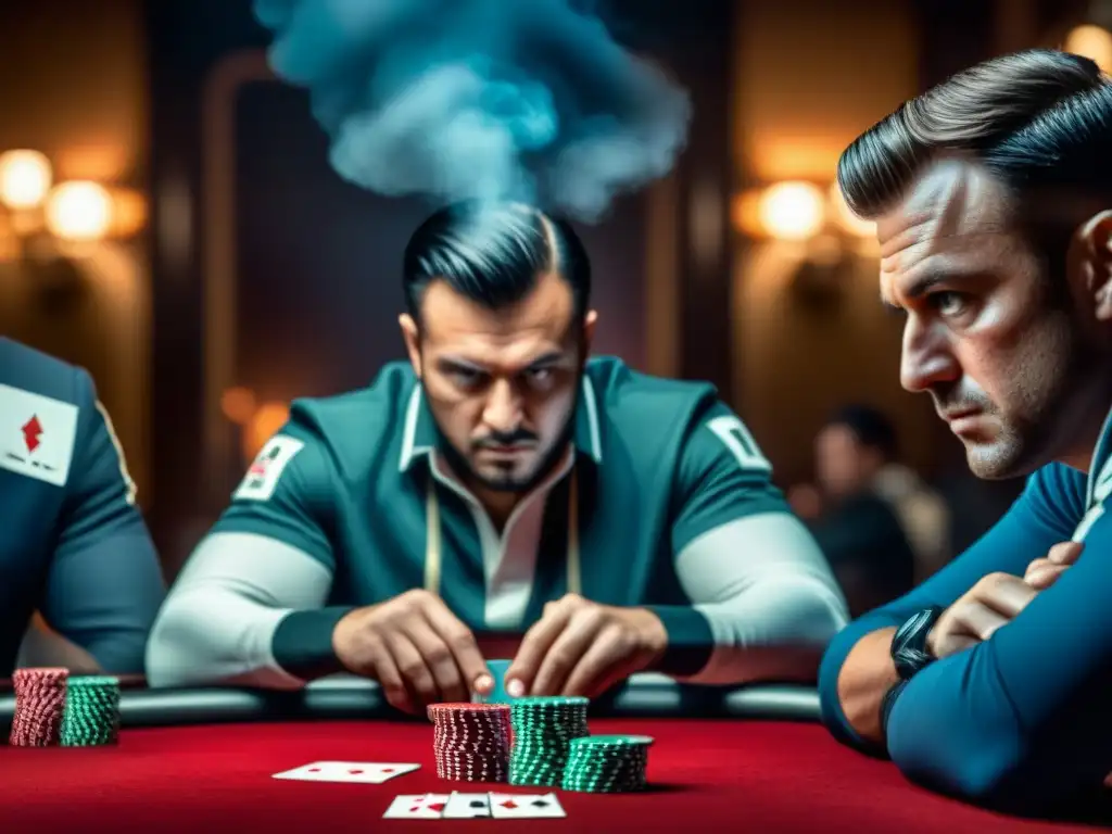 La imagen muestra la intensa mirada de un jugador de póker, con sudor en la frente y reflejo de cartas en sus ojos, en un juego de altas apuestas