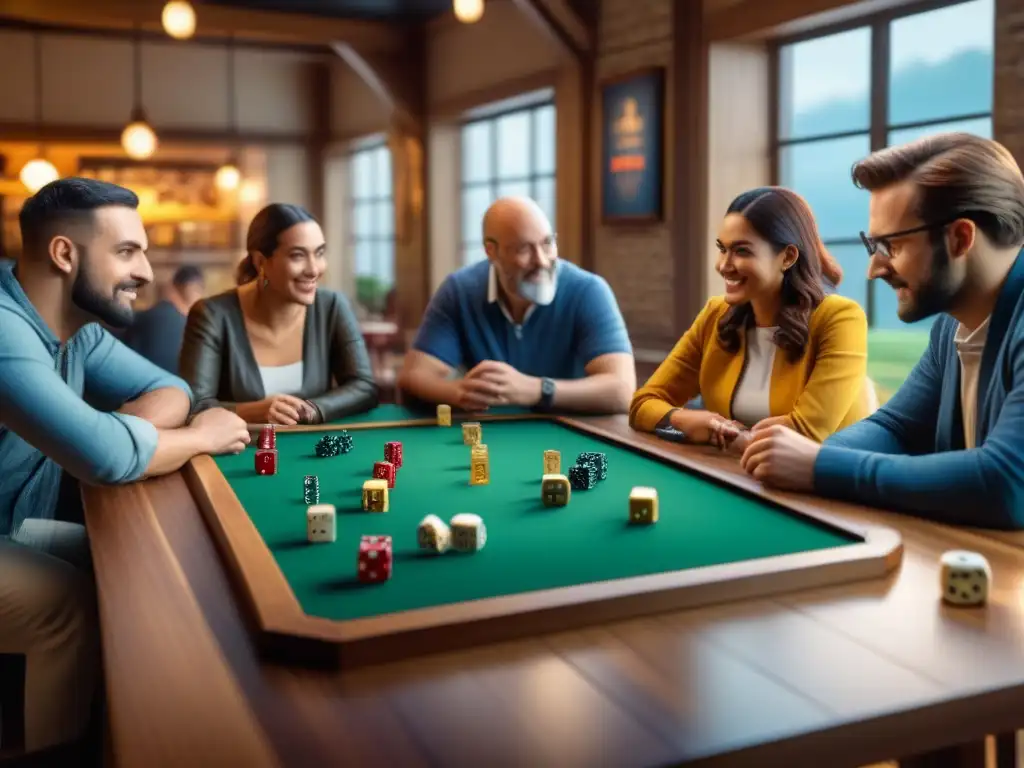 Una imagen vibrante muestra diversidad de personas disfrutando juegos de mesa en un café, evolución juegos de mesa impacto