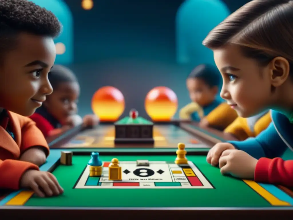 Impacto Monopoly Junior en nuevas generaciones: Niños concentrados y emocionados jugando en un ambiente estimulante