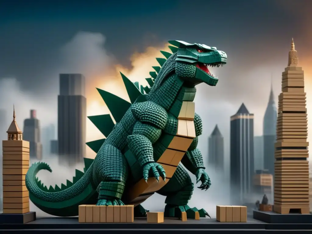 Increíble colaboración entre Jenga y Godzilla: detallada escena de bloques Jenga formando al monstruo entre una ciudad en miniatura