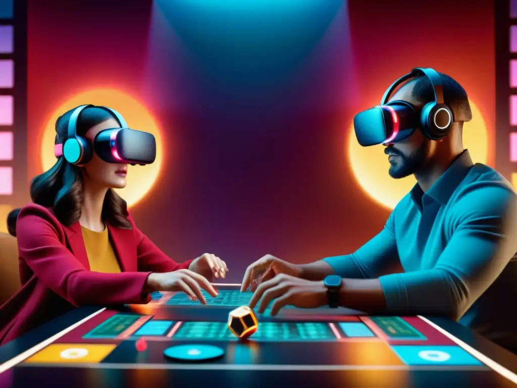 Increíble imagen de Realidad Virtual: diversidad de jugadores inmersos en un juego futurista, con piezas holográficas