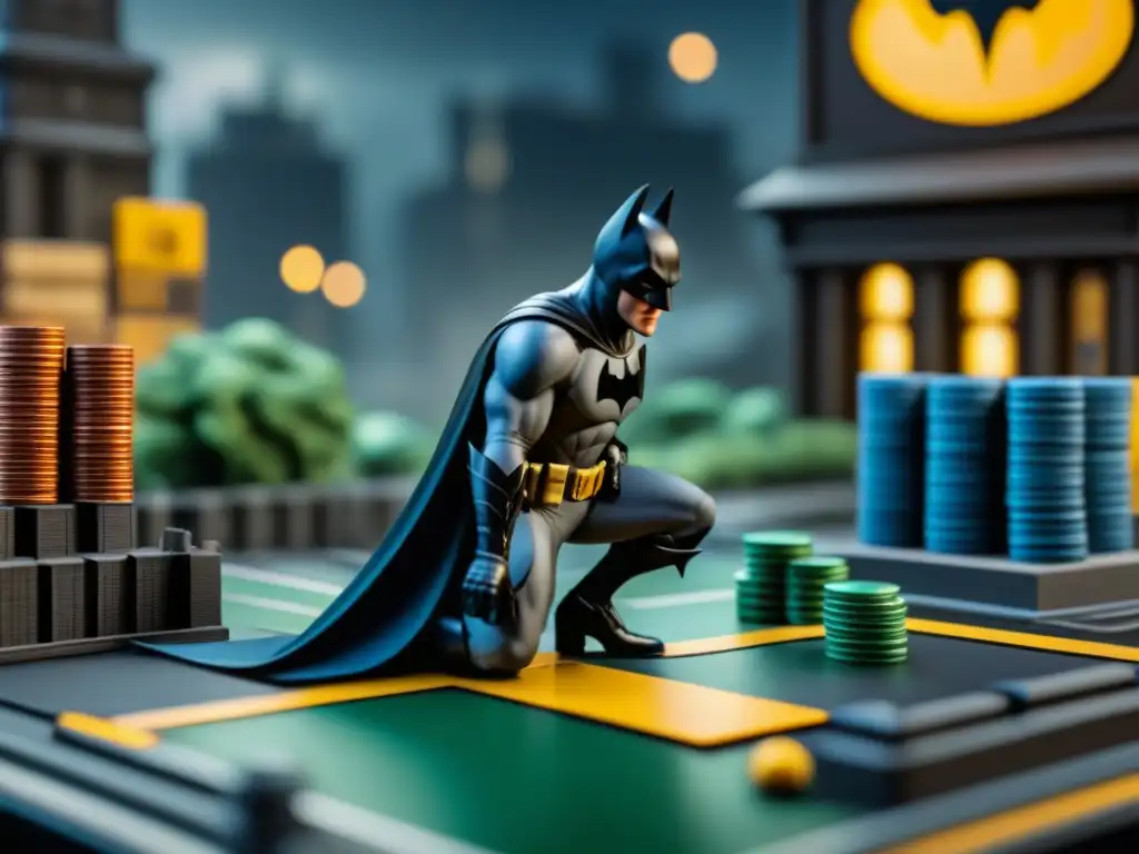 Increíbles miniaturas detalladas del juego de mesa Gotham City Chronicles, capturando a Batman, Joker y Catwoman en un tablero temático de Gotham City