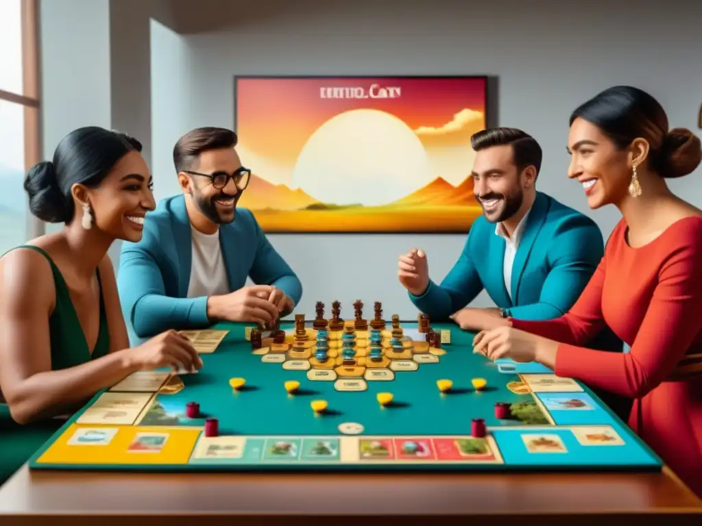 Influencers disfrutan de estrategias para promocionar juegos de mesa en una partida animada de Catan en un ambiente acogedor y moderno