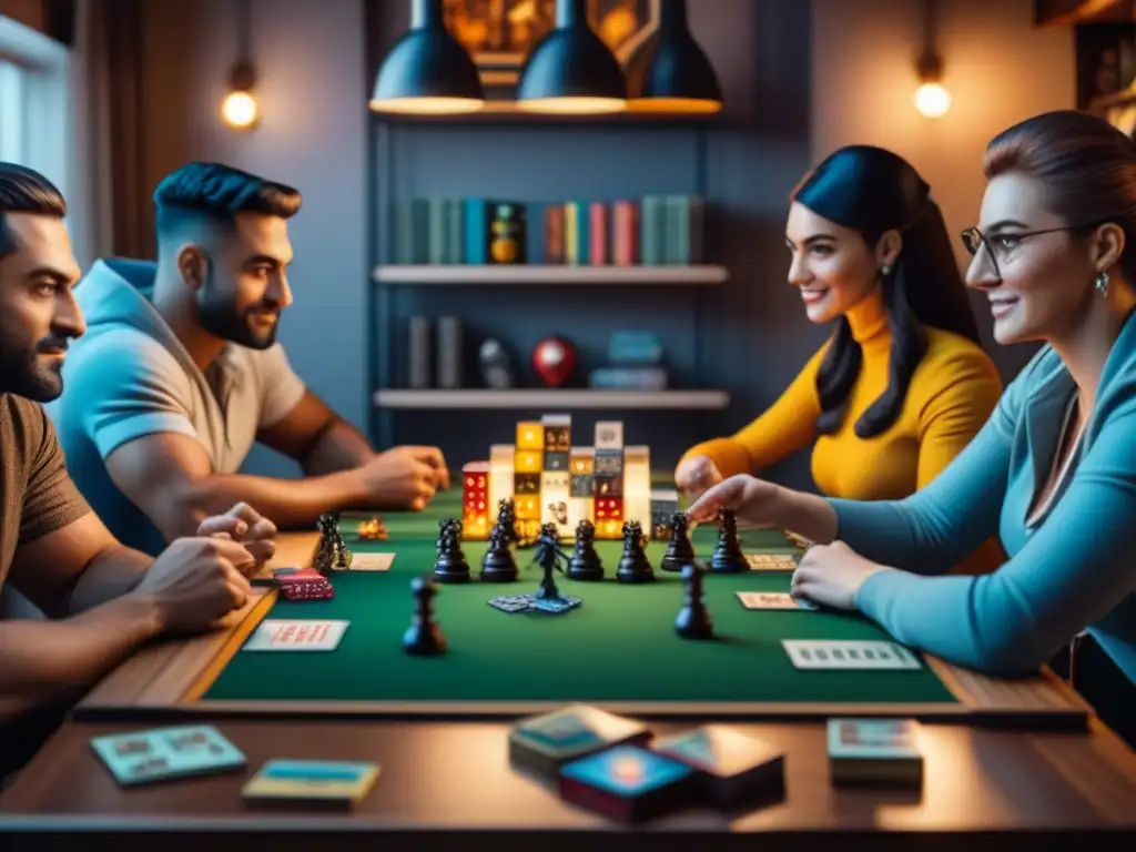 Influencers en ventas juegos mesa disfrutan de una noche llena de juegos de mesa, dados y cartas en ambiente acogedor