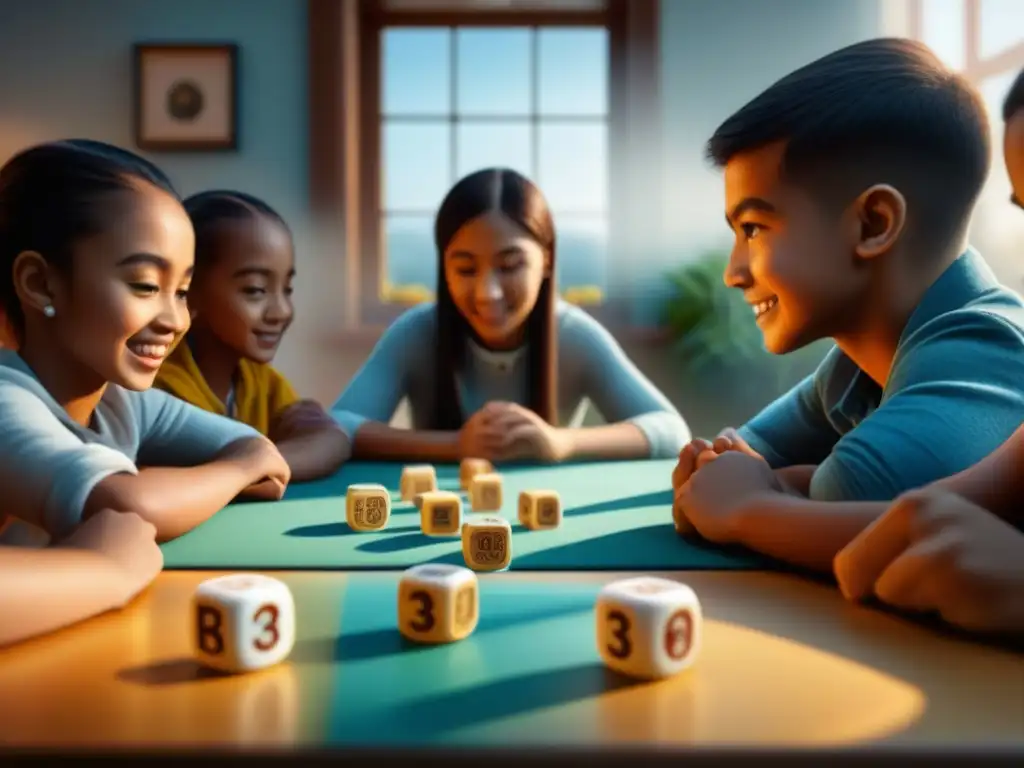 Influencia de Story Cubes en juegos de mesa: Niños crean juntos historias coloridas y emocionantes alrededor de una mesa llena de cubos y piezas de juego