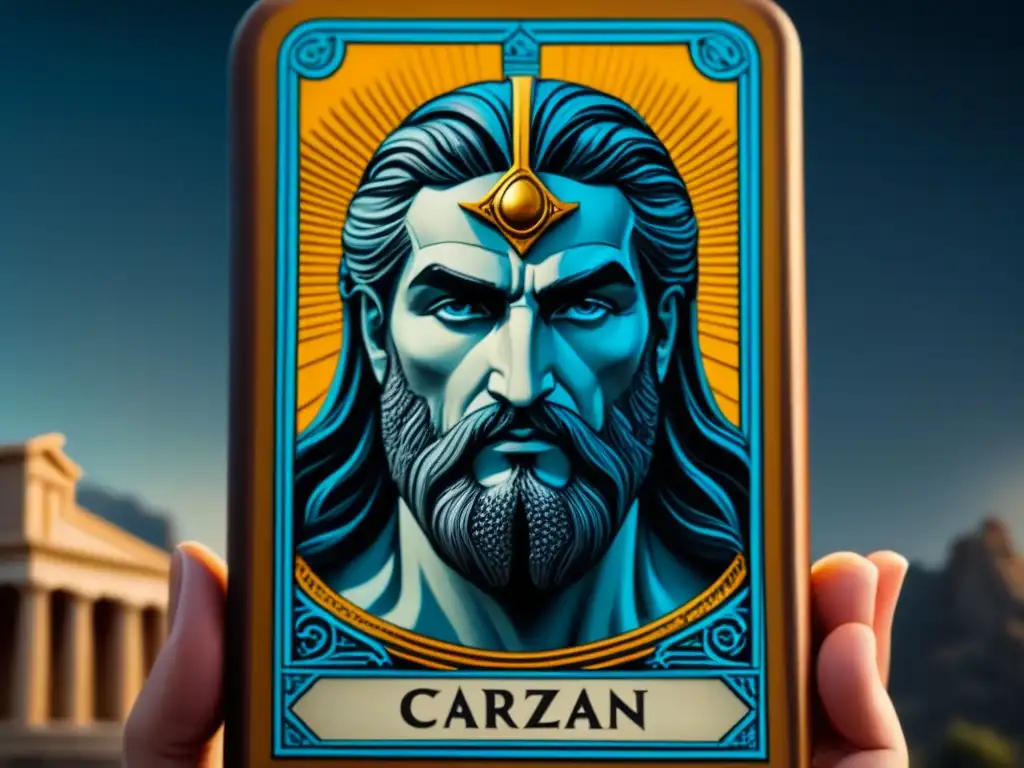 Influencia de la mitología en juegos de cartas: Tarjeta de tarot detallada con figura de la mitología griega rodeada de elementos simbólicos