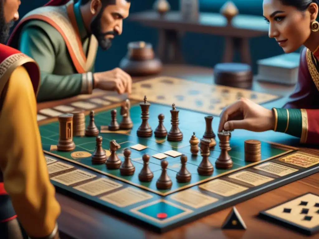 Influencias culturales en juegos de mesa: Jugadores de diferentes culturas se concentran en un tablero con símbolos del mundo