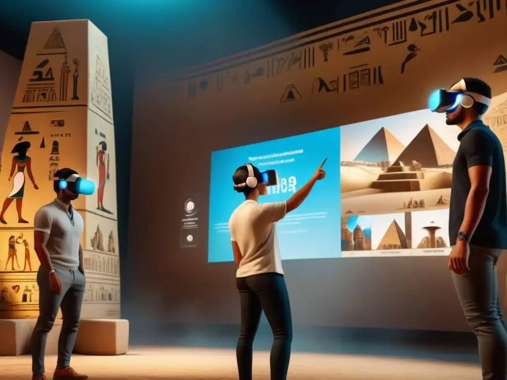 Una inmersiva escena educativa en realidad virtual de estudiantes explorando Egipto antiguo