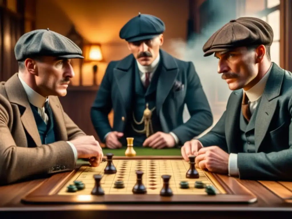 Inmersos en el juego de mesa 'Peaky Blinders', estrategias y suspense se entrelazan entre jugadores concentrados bajo la cálida luz de una lámpara