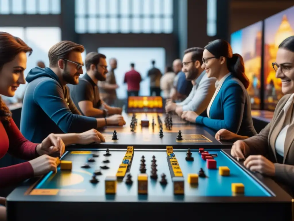 Innovaciones en juegos de mesa durante una feria multicolor y animada, con asistentes diversos y entusiasmados