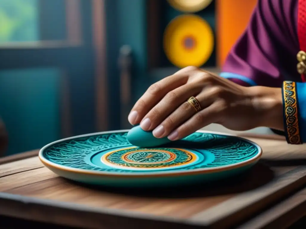 Inspiración cultural para juego de mesa: Artesanos pintando detallados diseños tradicionales en platos de cerámica