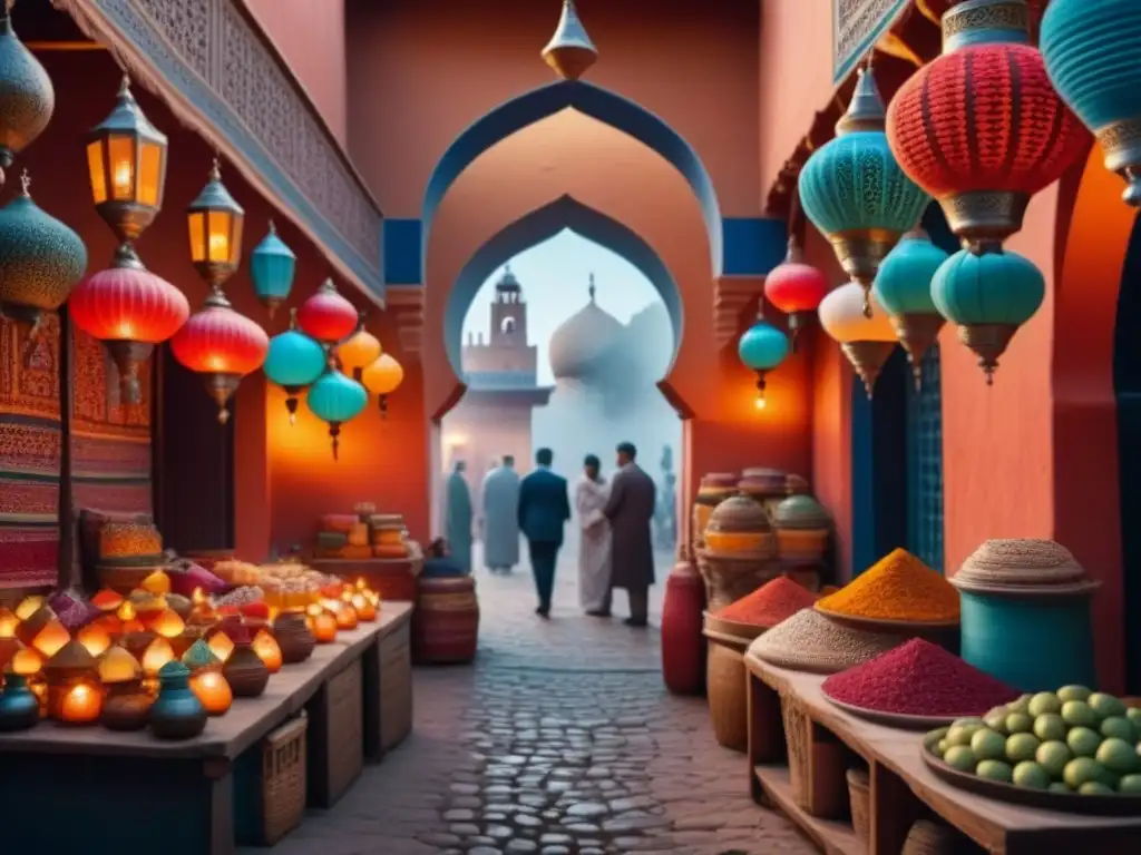 Inspiración cultural para juego de mesa: Mercado marroquí vibrante con textiles, especias y cerámica