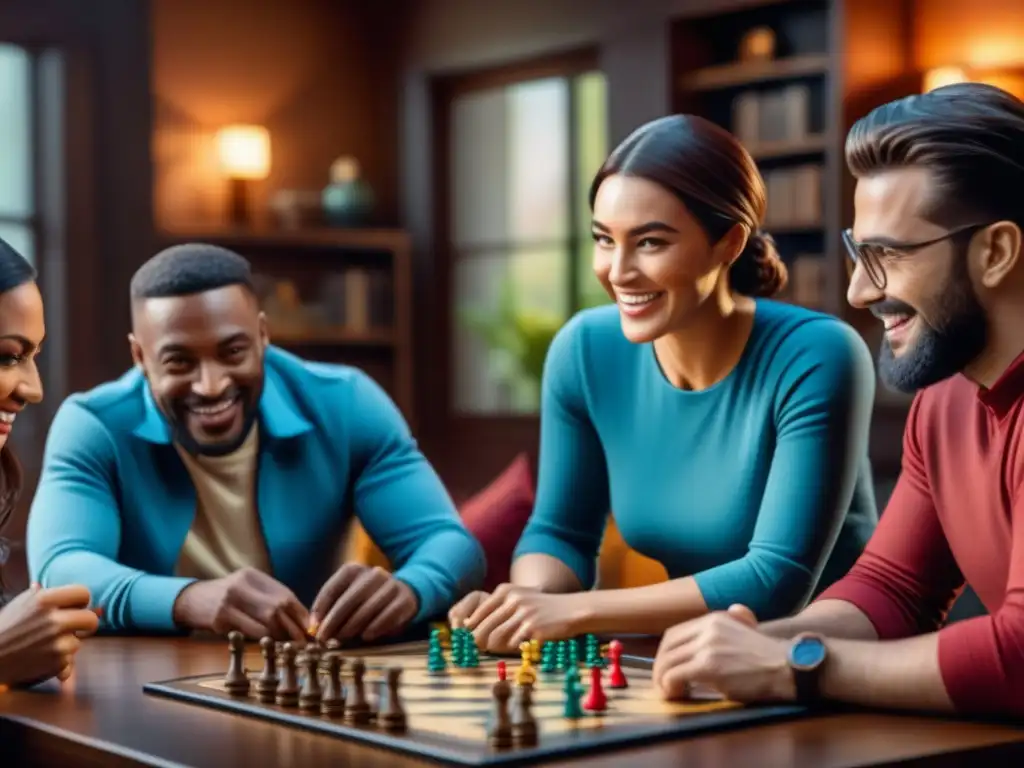 Inspiradora imagen de marketing viral juegos de mesa: grupo diverso disfruta con entusiasmo de un juego