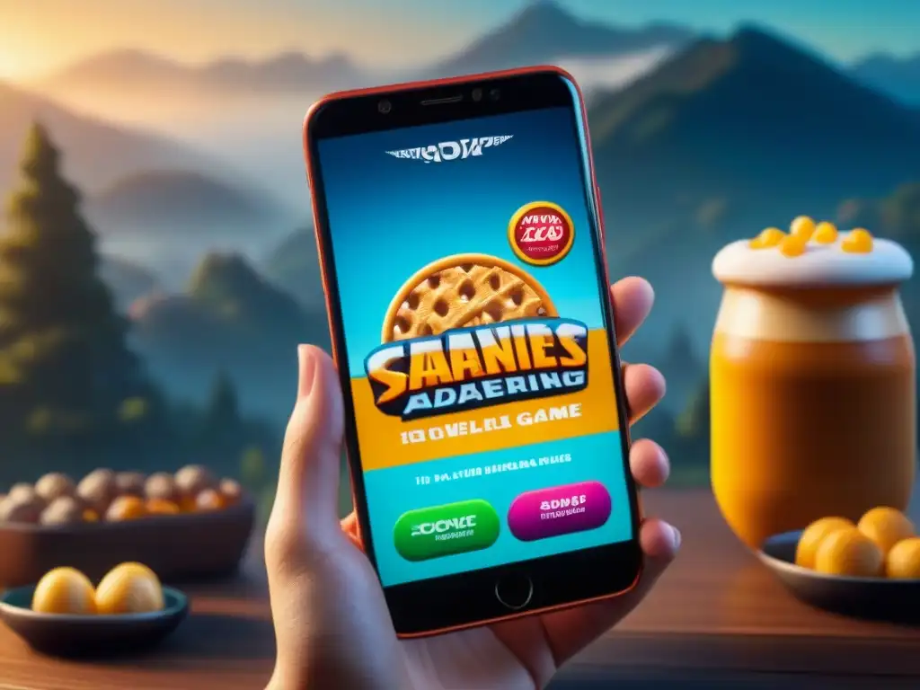 Integración publicidad nativa en juegos: Pantalla de smartphone con juego y publicidad de snack integrada de forma natural, vibrante y atractiva