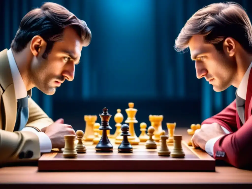 Intensa partida final del Campeonato Mundial de Ajedrez Intensa final Copa Mundial Ajedrez: jugadores en pleno duelo estratégico, manos sobre el tablero, miradas concentradas en torneo abarrotado