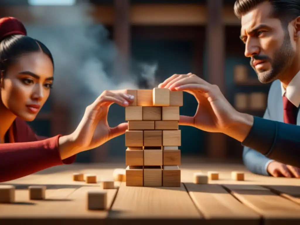 Concentración intensa en juego Jenga: manos precisas retiran bloque mientras amigos ansiosos observan