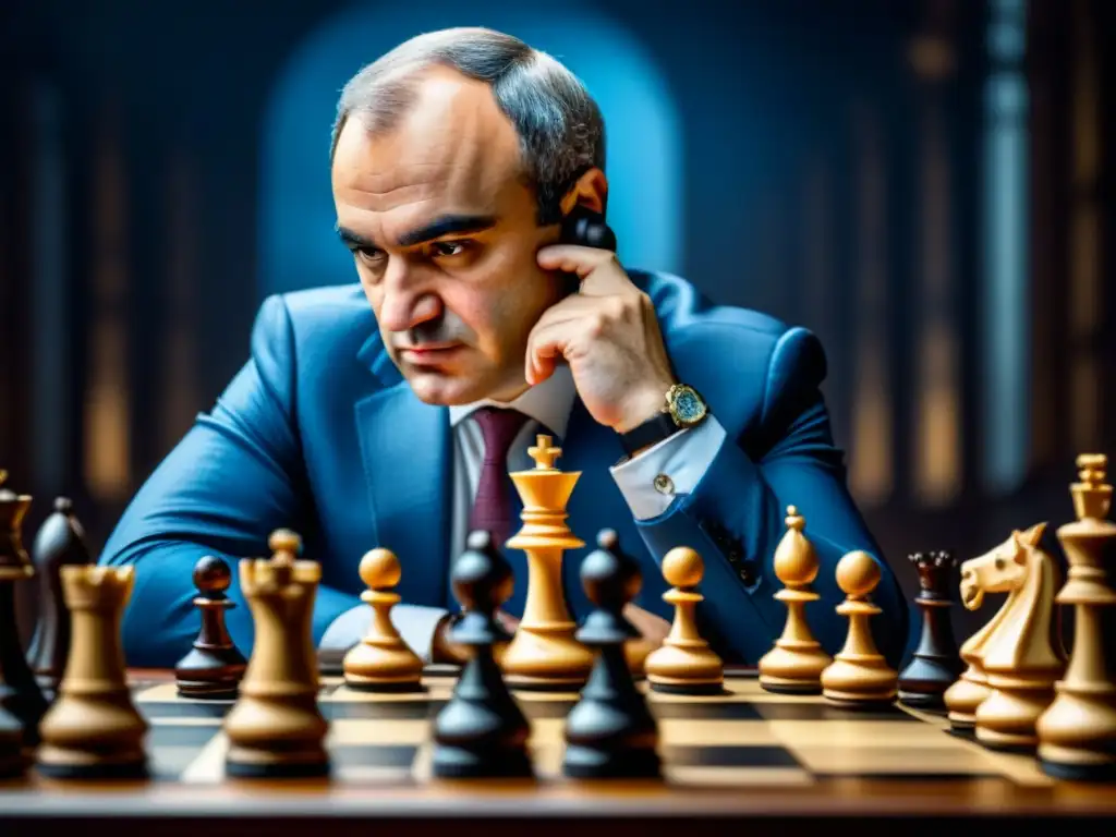 Garry Kasparov en intensa partida de ajedrez, destacando las mejores estrategias de campeones mundiales