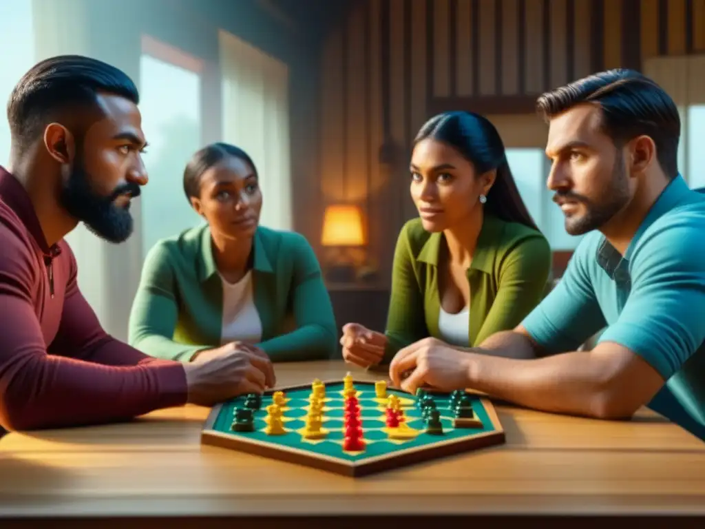Partida intensa de Catan: emoción y estrategia en acción Una intensa partida de Catan entre amigos, demostrando la psicología del juego de mesa