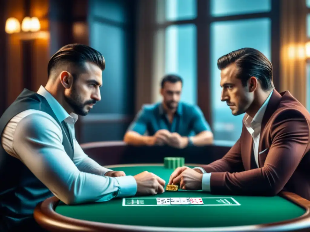 Intensa partida de póker en casino elegante; jugadores estratégicos leen oponentes