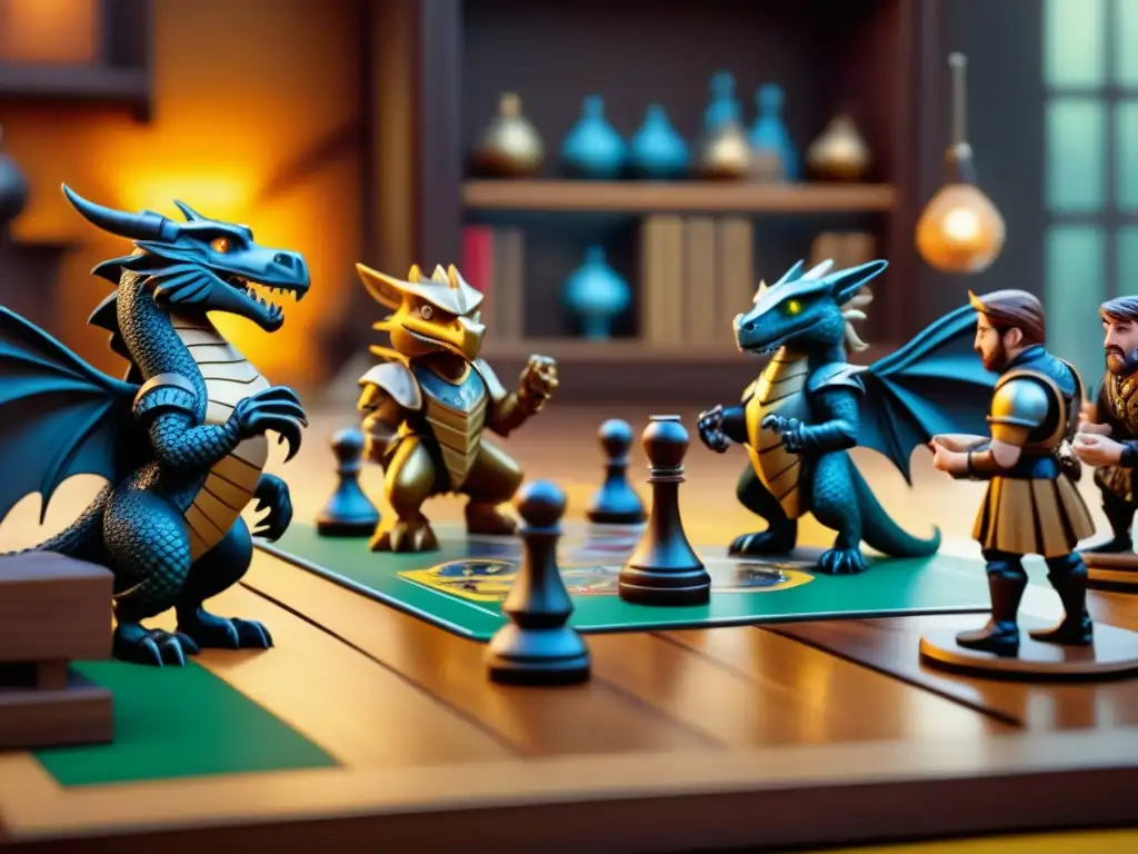 Intensa partida de 'Clank!' con entusiastas del juego de mesa en una mesa decorada con dragones y piezas coloridas