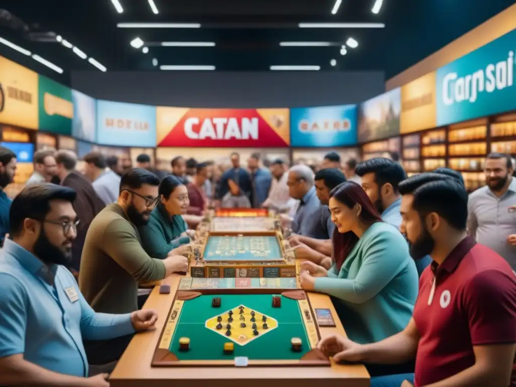 Intensa partida de Catan en evento de lanzamiento juegos de mesa, con entusiastas y vibrante decoración