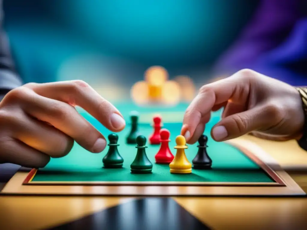 Intensa partida de juego de mesa con estrategias psicológicas, concentración y competencia en sus rostros