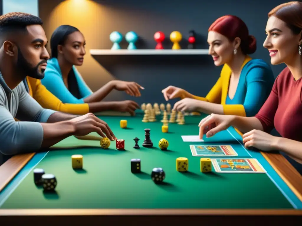 Intensa partida de juego de mesa con jugadores diversos en campeonatos juegos mesa online emocionantes