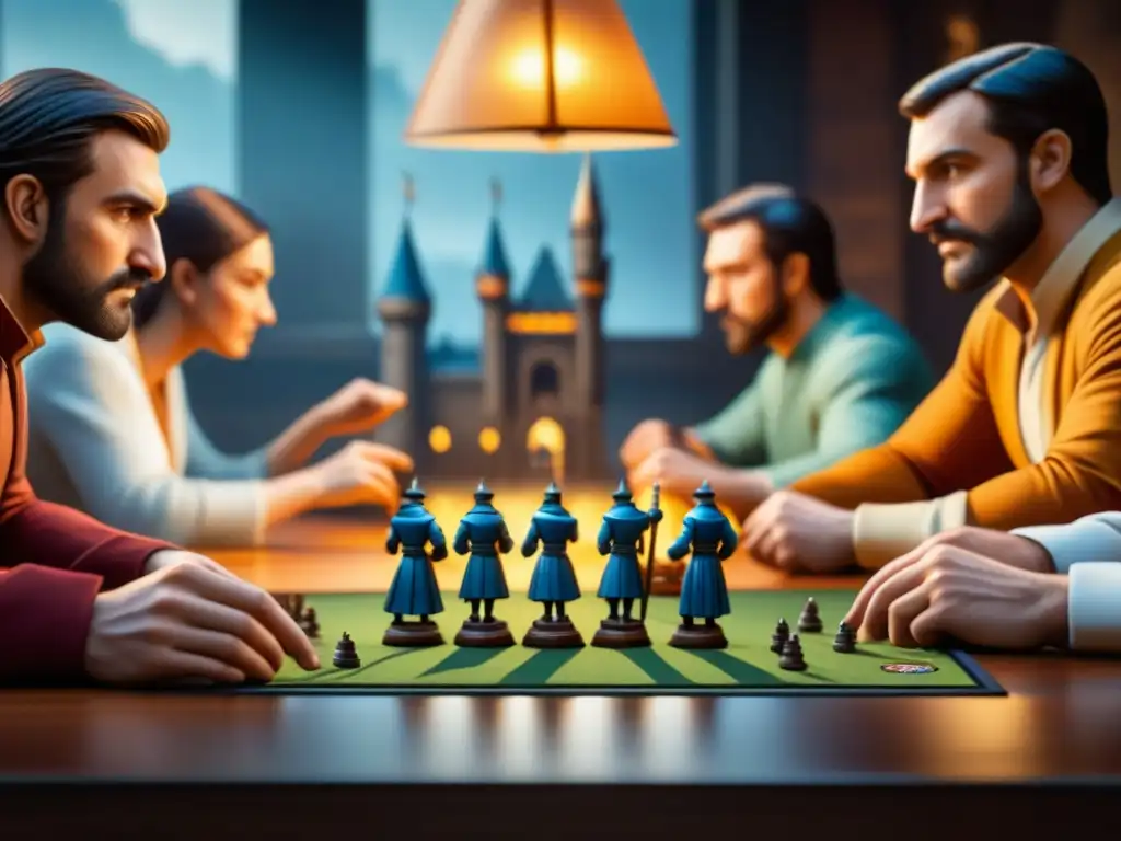 Intensa partida de Carcassonne juego mesa: jugadores concentrados en estrategia, ciudad medieval detallada de fondo