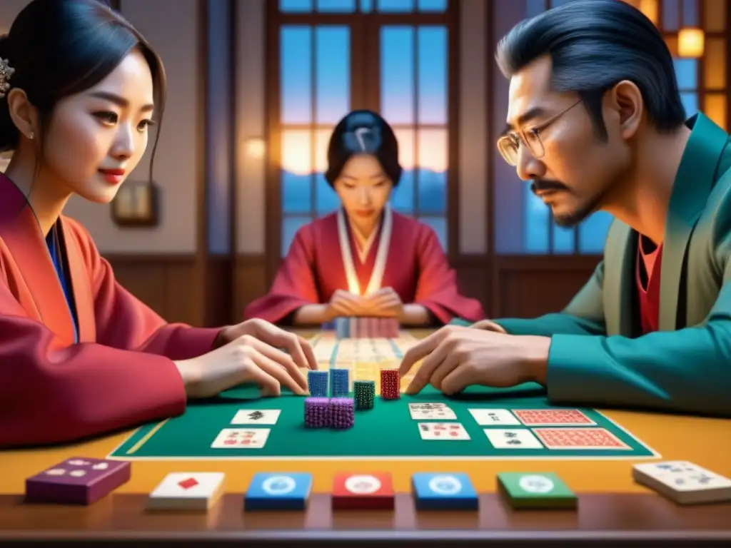 Intensa partida de juego de mesa Hanabi colaborativo con jugadores concentrados y emocionados