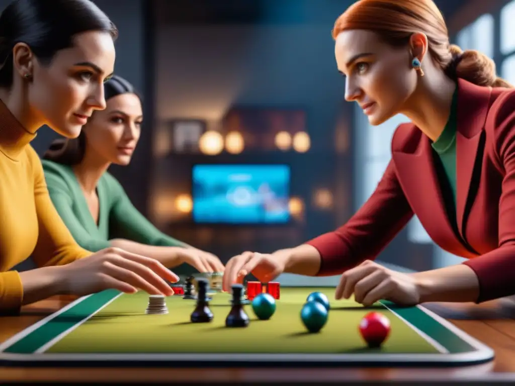 Una intensa partida de juego de mesa con sensores de movimiento, jugadores variados en edad y género concentrados en estrategias