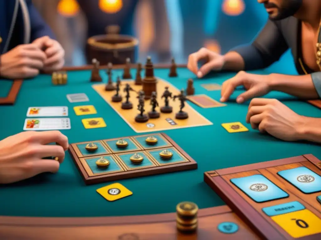 Emoción en juego: Partida estratégica de Piratas del Caribe Una intensa partida del juego de mesa Piratas del Caribe: jugadores concentrados planifican sus movimientos con entusiasmo