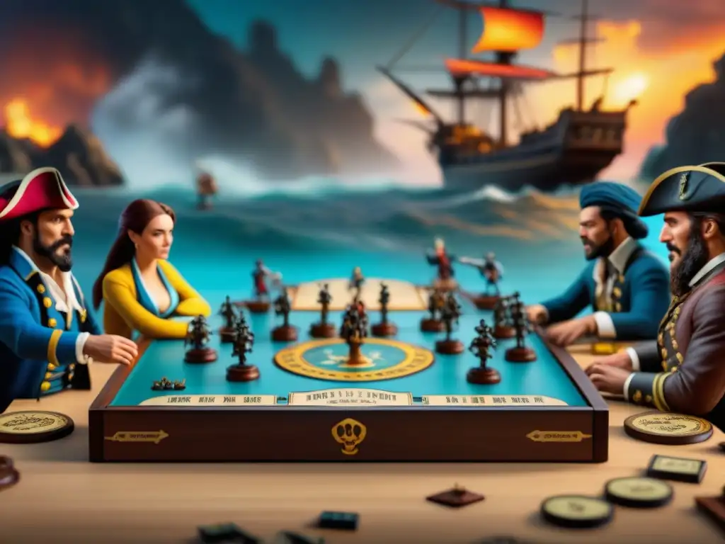 Épica batalla pirata en juego de mesa con detallados jugadores Una intensa partida de juego de mesa Piratas del Caribe, con jugadores de todas las edades inmersos en estrategias y diversión