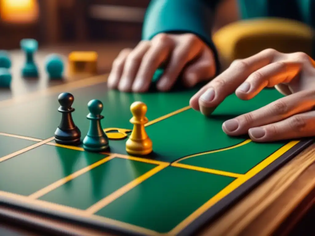 Intensa partida de juegos de mesa con piezas coloridas y detalladas en una mesa de madera