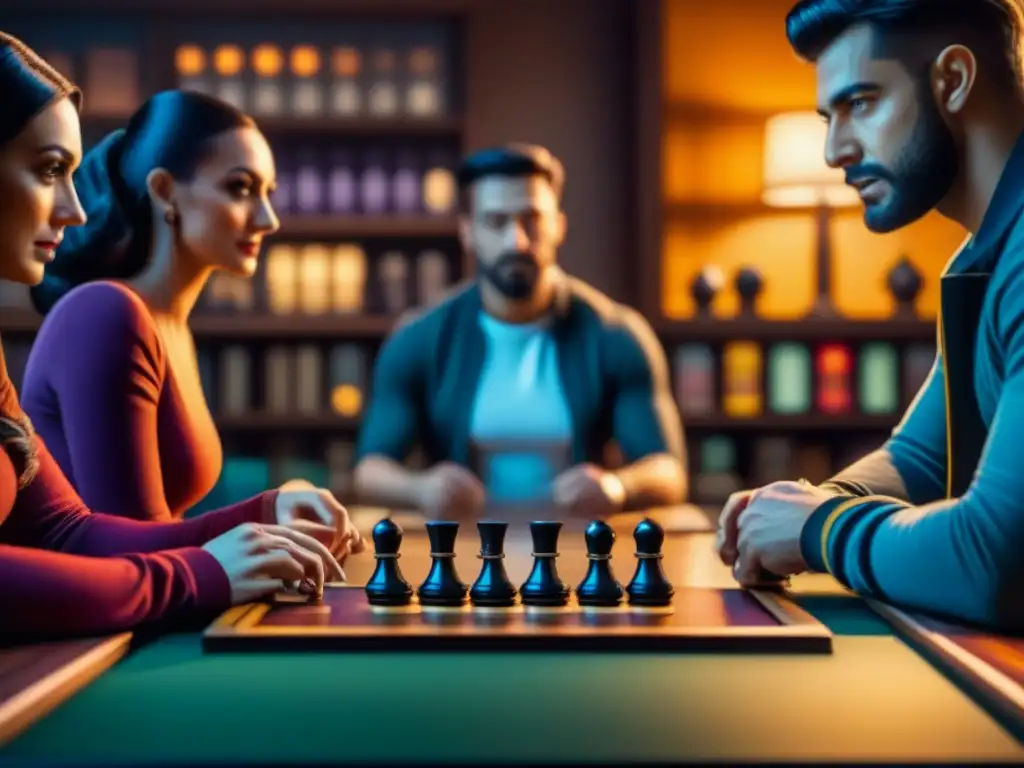 Una intensa partida de juegos de mesa con entusiastas rodeando una mesa llena de juegos, cartas y dados