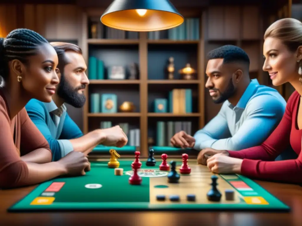 Intensa partida de juego de mesa: diversión y estrategia en comunidad Una intensa partida de juegos de mesa entre amigos en una noche comunitaria